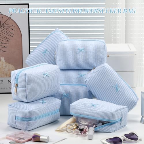 Sanwuta 8 Pcs Cozy Seersucker Cosmetic Bag Light Blue Stripe Makeup Bag Aesthetic Travel Zipper Cosmetic Pouch Large Cute Preppy Pouch for Spa Sleepover Birthday Party Galentines Day Bridesmaid Gift — view 2