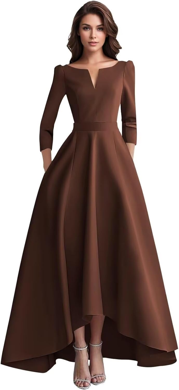 Tea Length Mother of The Bride Dresses for Women V Neck Satin Wedding Guest Dress with Pockets 3/4sleeves Evening Gown