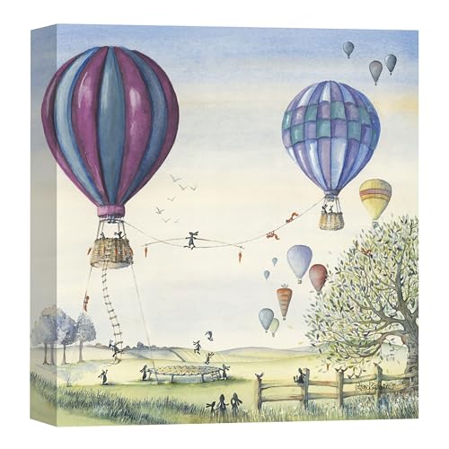 Artko Rabbits & Hot Air Balloons Canvas Wall Art - Artistic 'Bunny Balance' by Catherine Stephenson - Countryside Themed Artwork - Ready to Hang Quirky Home Décor - 30 x 30cm