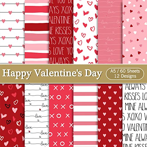 Whaline 60 Sheet Valentine's Day Pattern Paper Red Pink White Heart XOXO Scrapbook Double-Sided Romantic Craft Paper for DIY Card Making Scrapbook Photo Album, 12 Designs, 5.5 x 8.2 inch