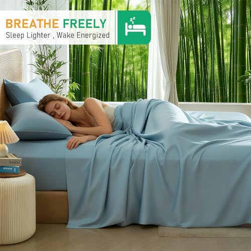 Image of 100% Viscose Derived from Bamboo Sheets Queen Size, Soft & Cooling Viscose from Bamboo Sheets Set, Organically Grown,Breathable & Soft Deep Pocket Up to 18 Inches(Light Blue)