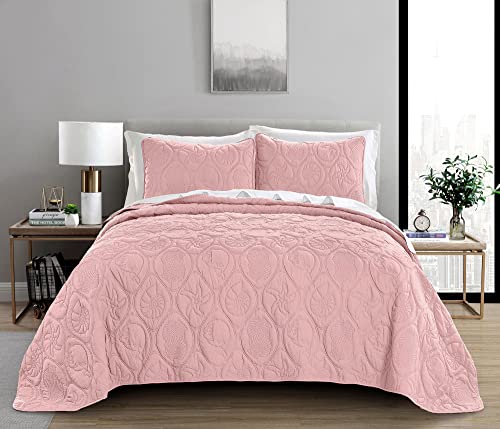 Quilt Set King/Cal King/California King Size Baby Pink - Oversized Bedspread - Microfiber Coverlet - Includes 1 Quilt And 2 Shams, Ocean Star Pattern #TOP1