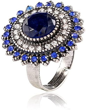 Vintage Blue Sunflower Statement Ring for Women Girls Antique Round CZ Crystal Evil Eye Protection Adjustable Expandable Open Wrap Wedding Cocktail Party Rings Comfort Fit Art Deco Jewelry