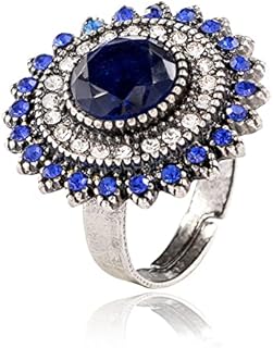 Vintage Blue Sunflower Statement Ring for Women Girls Antique Round CZ Crystal Evil Eye Protection Adjustable Expandable Open Wrap Wedding Cocktail Party Rings Comfort Fit Art Deco Jewelry