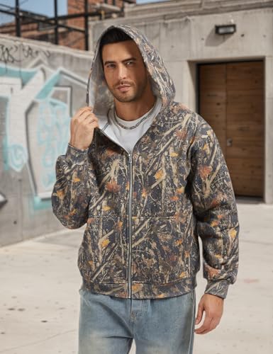 Camo Zip up Hoodie Men Full-Zip Fleece Hoodies Oversized Hooded Sweatshirts Maple Leaf Print Long Sleeve Sweatshirt