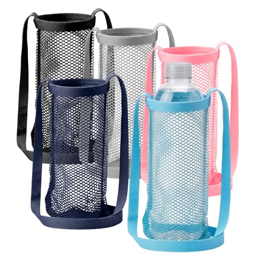 Nfvjfxz 5 Pcs Water Bottle Holder with Adjustable Shoulder Strap Portable Mesh Bottle Carrier Bag with Pocket for Hiking Walking Travel Gym Vacation Holiday - Breathable Polyester