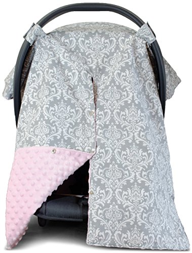 Image of Kids N’ Such Peekaboo Baby Car Seat Cover Car Seat Canopy & Nursing Cover, Damask/Soft Pink Minky
