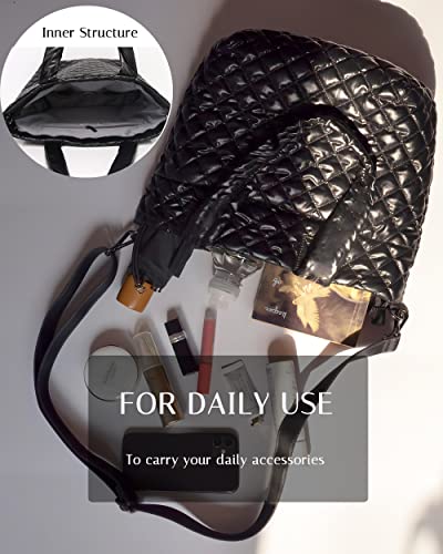 Hsitandy Quilted Tote Bag For Women, Small Nylon Waterproof Tote Crossbody Bags Quilted, Lightweight Soft Handbag With Zipper(Black Small) #TOP6