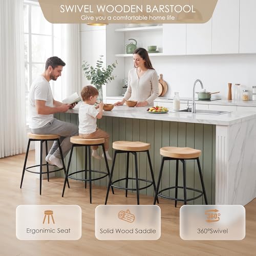 Image of 25 inch Swivel Backless Saddle Bar Stools Set of 4, Unstained Raw Wood | Solid Wood Saddle Seat with Metal Legs, Footrests and Non-Marking Feet for Kitchen Island