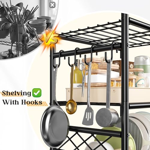 Image of DurayLoly Storage Shelves-6 Tier Metal Shelving Unit with Hooks,Heavy Duty Garage Shelving with Leveling Feet,High Standing Shelf Organizer for Kitchen Pantry Bathroom Dorm,17.7 inchWx11.8 inchD x72.2 inchH,Black