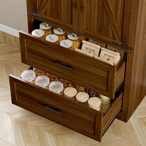 Image of BORNOON Pantry Organizers and Storage Cabinet, 71 inch Barn Door White Kitchen Cabinet with Drawers and Adjustable Shelf, Tall Pantry for Kitchen, Dining Room, Living Room. Bathroom and Office