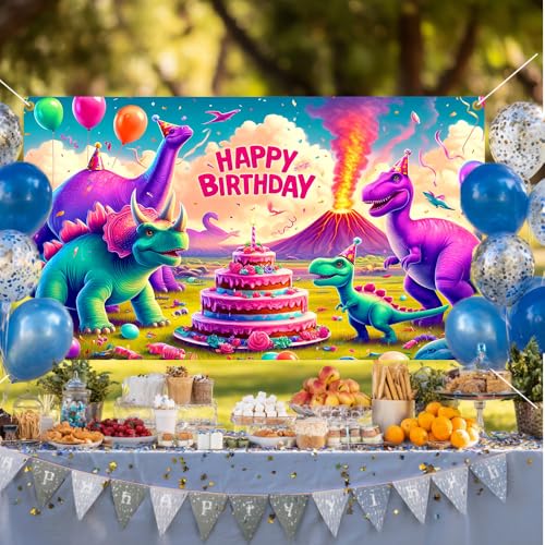 Image of 70.8x43.3 Inch Happy Birthday Dinosaur Banner Colorful Dino T-Rex Volcano Cake Balloon Backdrop Party Decoration Boys Kids Dinosaur Birthday Party Supplies Photo Background