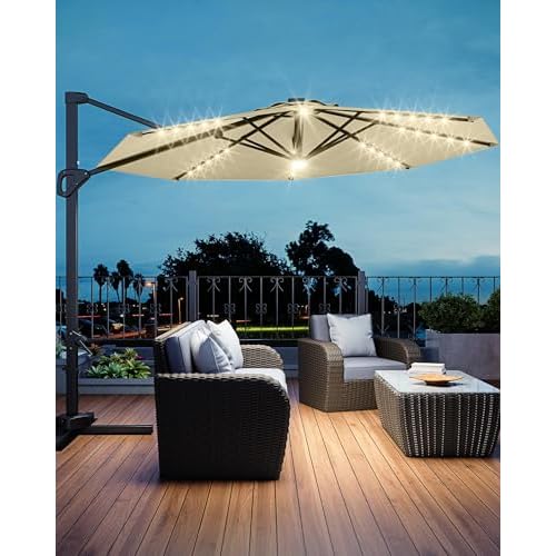 GarveeLife 10FT Patio Umbrella Outdoor Solar LED Large Cantilever Umbrella Market Sun Shade Windproof Offset Umbrella with 360-Degree Rotation for Garden Deck Pool Patio, Tan