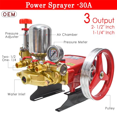 Image of OEM HTP-30 High-Pressure Power Sprayer Pump | Heavy-Duty Pump with Pulley System | 3 Output to 1 /2 inch & 1-1 /4 inch Inch | Agricultural, Irrigation, Mist Fogging, Tracktor Mounted and Car Washing Sprayer