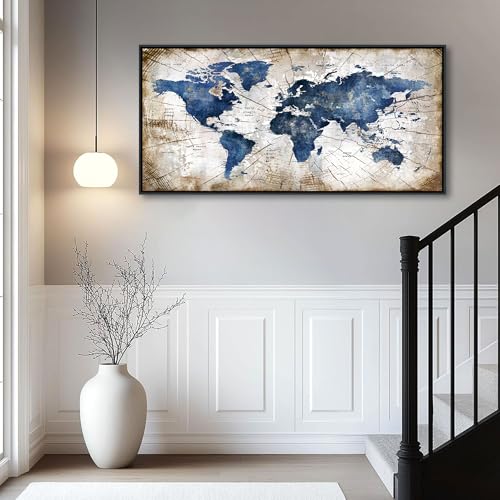 Image of World Map Canvas Wall Art Navy World Maps for Wall Vintage Modern Wall Art for Office Framed Pictures for Living Room Bedroom Wall Decoration for Home Office Decor Artwork for Walls 24x48IN