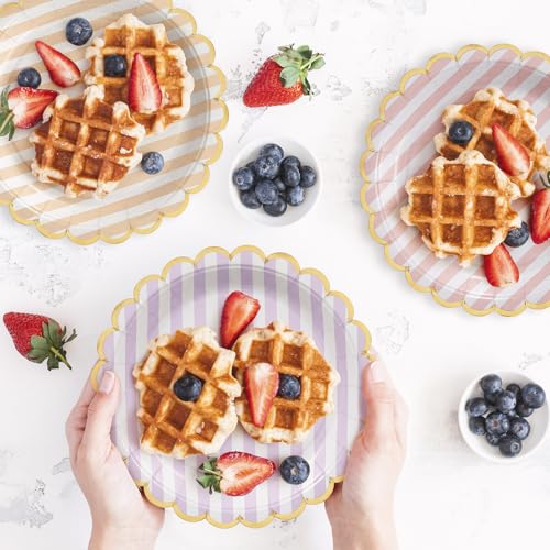 Image of Party Paper Plates, 50-Pack 9-Inch Bulk Disposable Decorative Paper Plates with Gold Scalloped Trim, 6 Colors for Tea Party, Easter, Garden Party, and Bridal Showers, Gilded Pastel Stripeworks