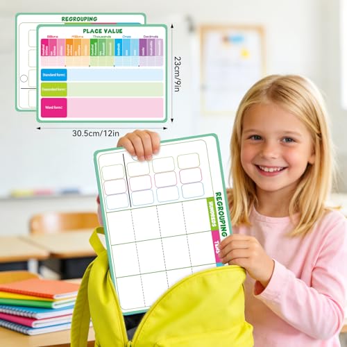 Laffunz 12 Packs Place Value Chart Math Manipulatives 1st 2nd 3rd, Math Games for Kids Addition and Subtraction Flash Cards, Classroom Must Haves Homeschool Supplies White Board Dry Erase Sheets — view 6