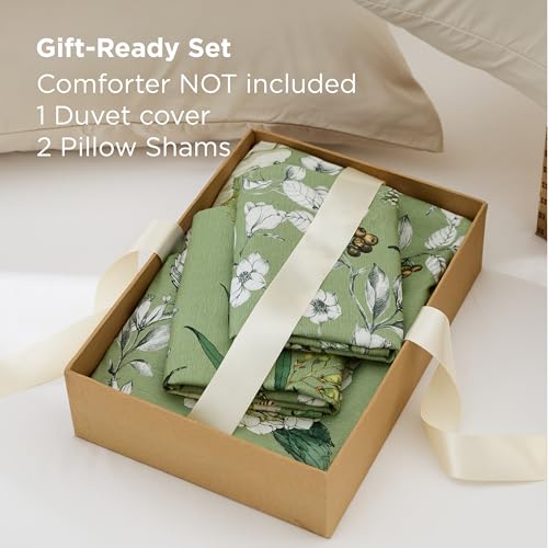 Image of Bedsure Duvet Cover Queen Size - Reversible Green Floral&Bird Duvet Cover Set with Zipper Closure, 3 Pieces Mistletoe Bedding Set with 8 Corner Ties and 2 Pillow Shams 20 inchx26 inch