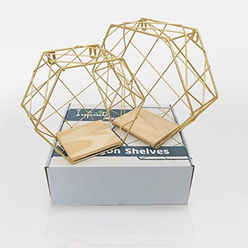Floating Shelves Wall Mounted Metal Wire Art Hexagon Shelves with Solid Wood Board for Plant Display, Storage Racks & Organiser, Home Decoration Wall Shelf Set of 2 (Gold, Grid)