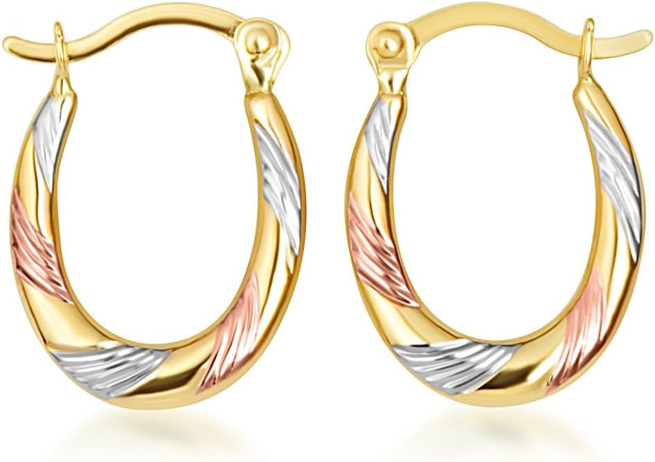 Gold Striped Oval Hoop Earrings for Women | 10K or 14K Tri-Color Yellow, White, and Rose Gold
