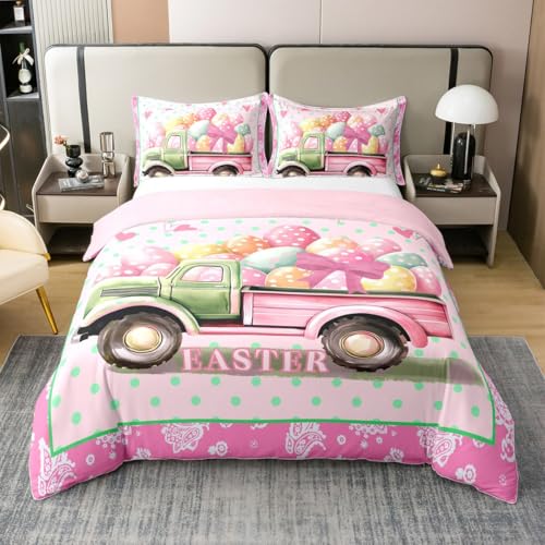 Castle Fairy Cotton Pink Easter Truck Duvet Cover King for Kids Boys Teens,Colorful Eggs 3 Pieces Duvet Cover,Western Paisley Flowers Comforter Cover (Not Comforter),Green Polka Dot Print Quilt Cover
