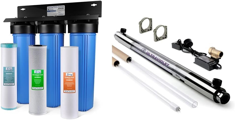 iSpring WGB32BM 3-Stage Whole House Water Filtration System w/ 20-Inch Sediment, Carbon Block, and Iron ; Manganese Reducing Filter & UVF55FS Whole House UV Water Filter