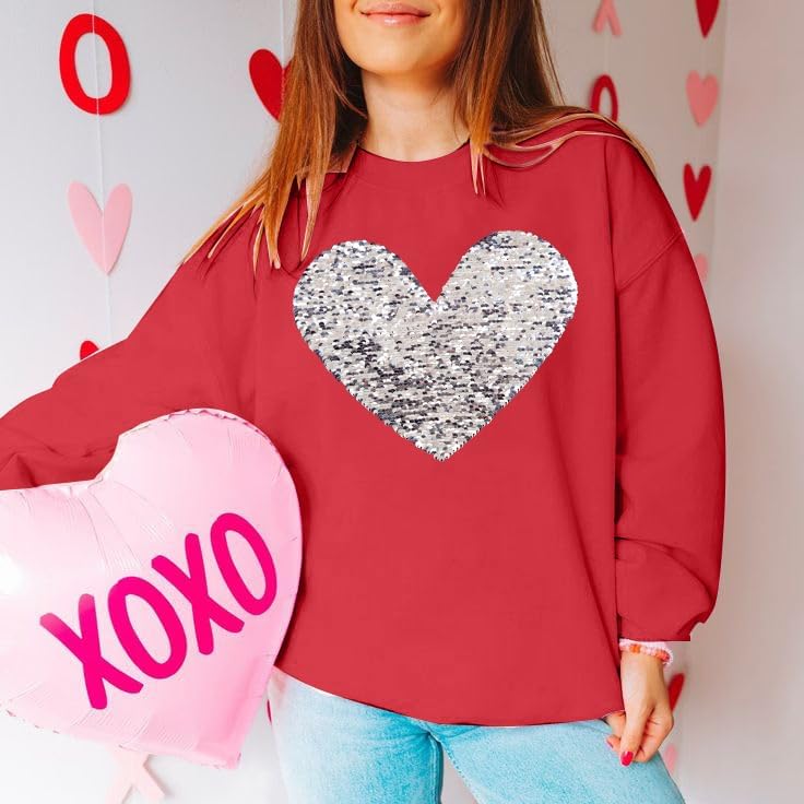 MNLYBABY Valentines Sequins Sweatshirts Women Valentine Heart Sweatshirt Casual Glitter Heart Graphic Pullover Tops - Image 5
