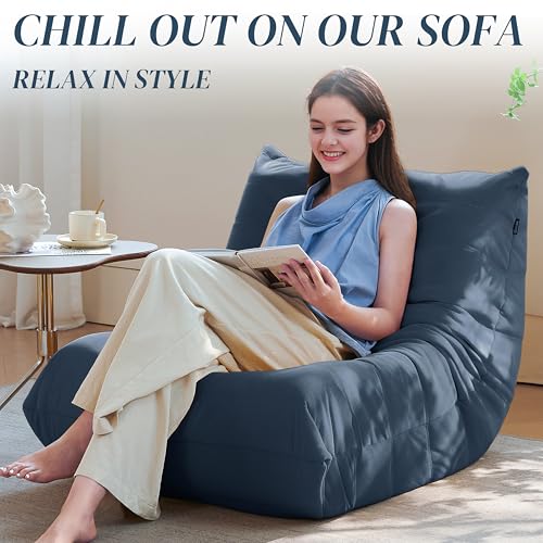 Image of Bean Bag Chair, Fireside Chair Bean Bag Sofa for Adults, Bean Bag Chairs for Teens with High-Resilience Foam, Memory Foam & Non-Slip Base Bean Bag for Living Room, Bedroom, Office (Suede, Dark Blue)