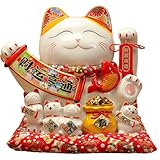 14''Large Lucky Cat Piggy Bank Chinese Ceramic Lucky Cat Maneki Neko Coin Bank Japanese Money Fortune Cat Gift Decorations for Home/Stores/Company Opening Good Luck for Wealth Without Waving Hand
