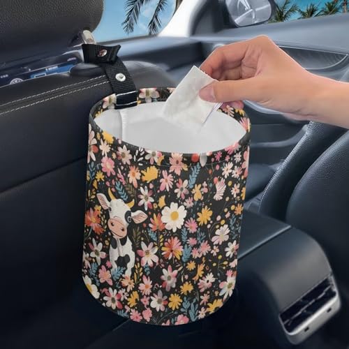 Image of Cow Floral Car Trash Can Bin Hanging Automotive Garbage Cans Leak-Proof Car Organizer