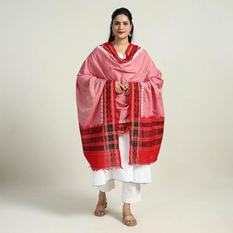 Image of Cotton Dupatta with weaving and Ikat woven border from the Weavers Stole for Girls & Women