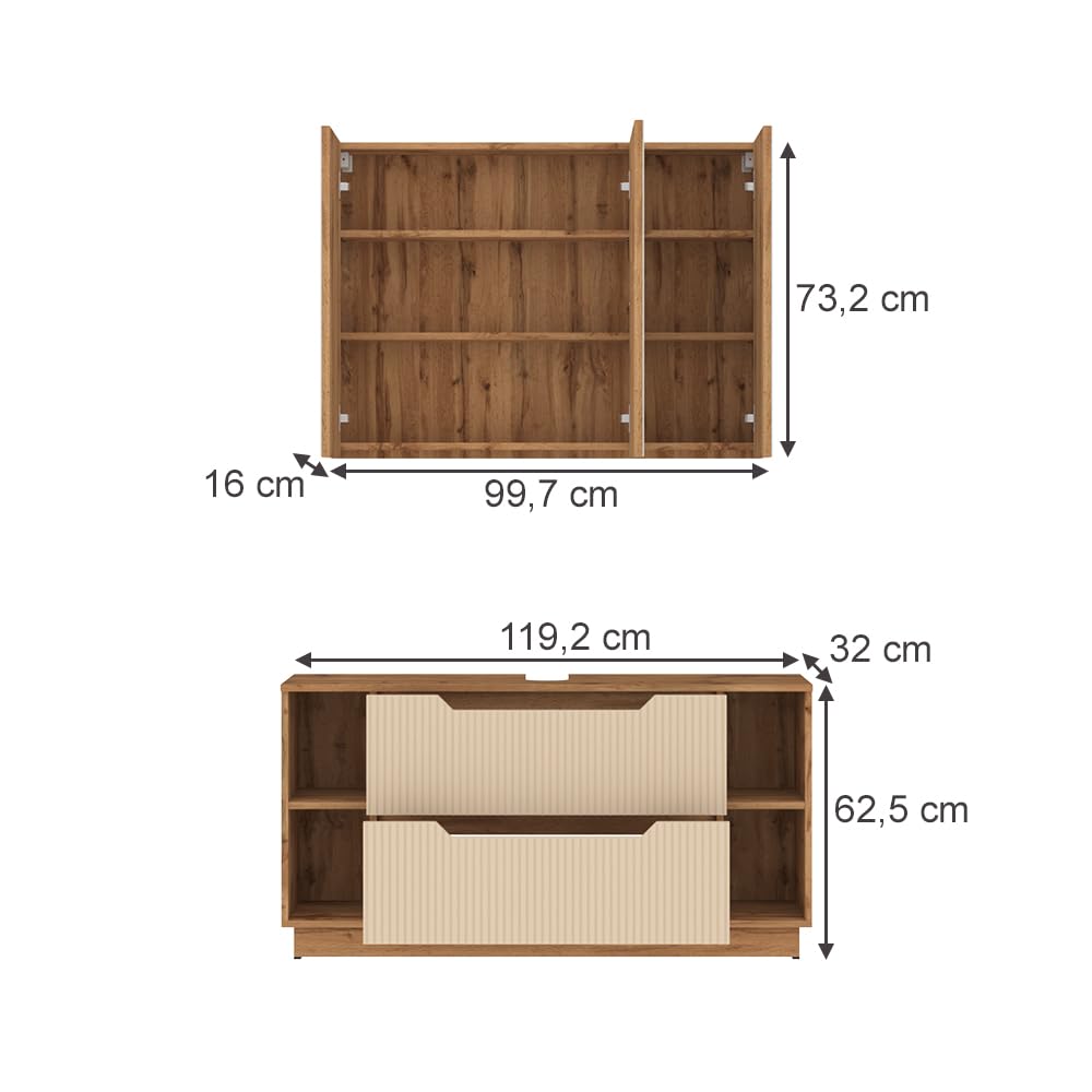 Vicco Conjunto de Muebles de baño Lotta, Cachemira, 119.2 cm, Compuesto por Espejo de baño y Mueble bajo Lavabo