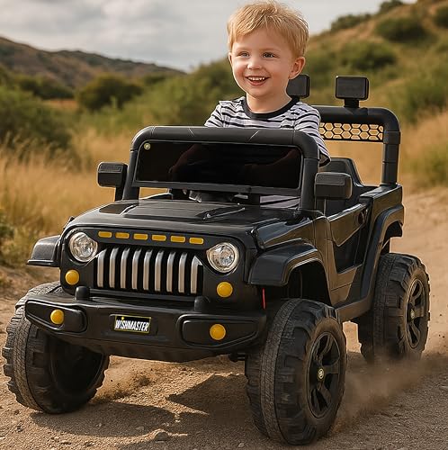 Image of Wishmaster Kids Electric Ride-On Jeep, 12V Battery Powered, Remote Control, Music & Lights, 130 x 83 x 76 cm, Army Green, Ages 3-8 Years (Plain Color's, Black)