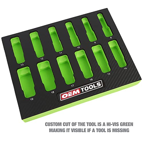 Oemtools 23981 12 Piece 3/8" Drive Metric Socket Set, Deep Sockets From 8Mm To 19 Mm, Comes In Green And Black Tool Foam Organizer Tray, Tool Box Organizer #TOP3