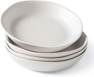 AmorArc Ceramic 9.75 inch Large Flat Pasta Bowls, 38oz Wide Bowls Set of 4 for Kitchen, Microwave, Dishwasher Safe Bowls with Wavy Rim for Pasta Salad Dinner, Matte White
