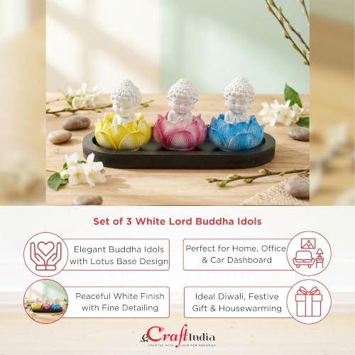 Image of eCraftIndia Set of 3 White Lord Buddha Idols in Lotus Base | Buddha Statues for Car Dashboard Office Home Decor | Gift for Diwali Housewarming Birthday