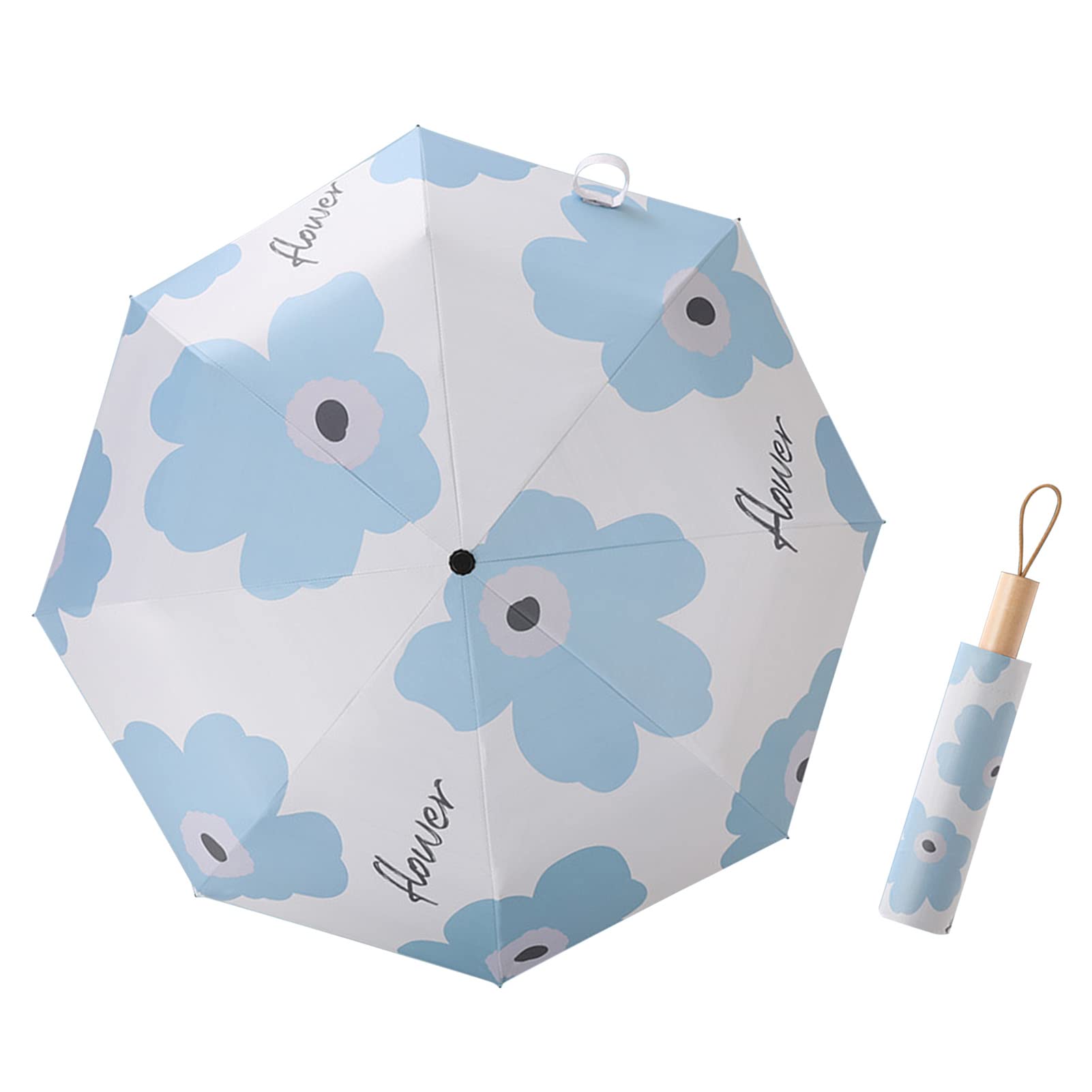 GUPEFolding Sun Umbrella, Flower Pattern Rain Shine Dual Use Space Saving Foldable UV Umbrella Polyester Fiber for Travelling (Sky Blue)