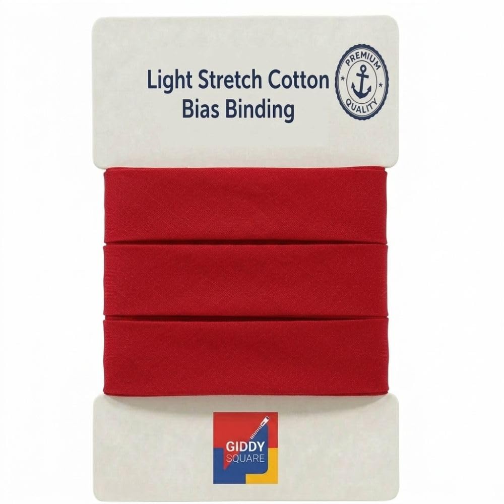 Premium Red Light Stretch Cotton Bias Binding Tape, 18mm Wide x 10m Length, Smooth Finish Mild Elastic Trim for Clothing, Sportswear, Quilting & Blankets - Giddy Square