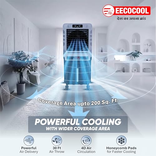 Image of EECOCOOL Bulbul 75 L Desert Air Cooler for Home, Large Honeycomb Cooling Pad with Auto Swing Technology | Inverter Compatible, Powerful Airflow Cooler for Room & Low Power Consumption