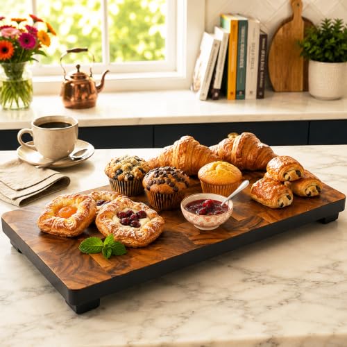 Image of Woodard & Charles Raised Acacia Wood Serving Board Tray, 16 inch x 8 inch x 1.75 inch | Platform Serving Tray with Feet; Serve Cheese, Charcuterie, Sushi, Appetizers, Small Bites at Home, Parties, Catering Events