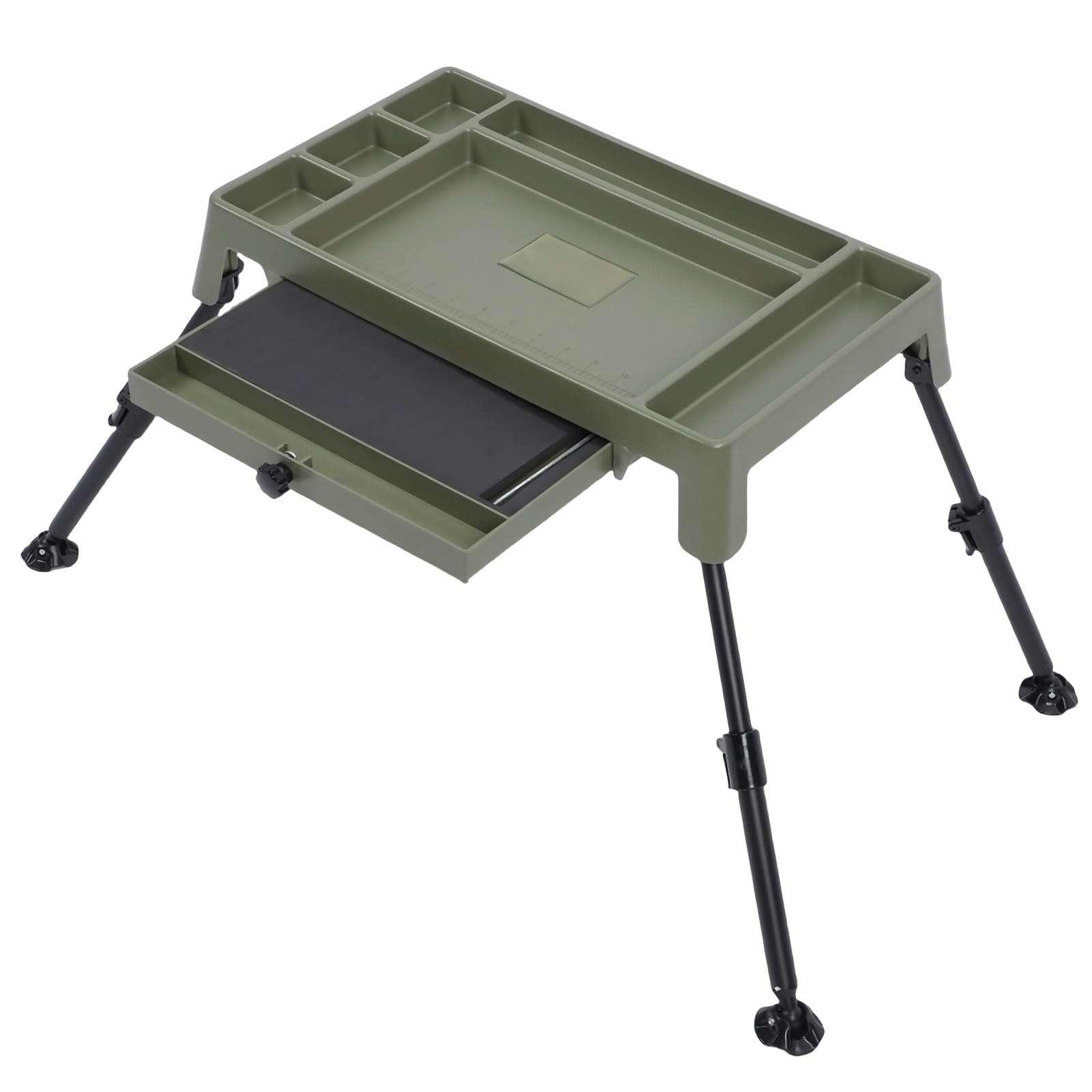 Bivvy table de pêche pliable avec pieds réglables et rangement compartimenté