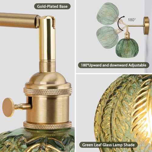 Image of Cerdeco Vintage Wall Sconce with Green Leaf Glass Shade,180Adjustable Arm and Golden Base,Modern Indoor Wall Light Lighting for Bedroom