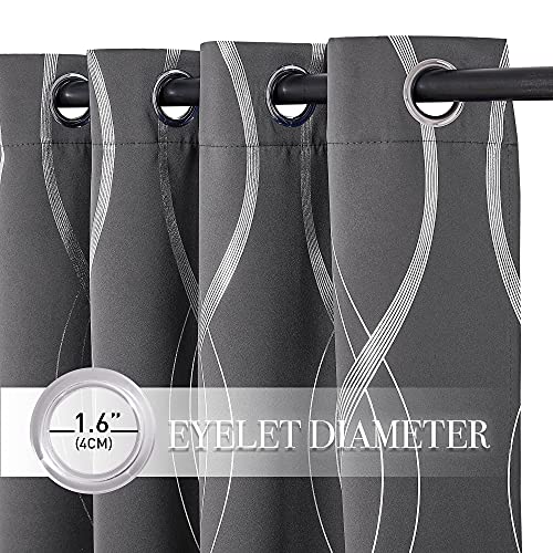 PONY DANCE Blackout Curtains for Living Room - 84 Inch Drop Curtain Eyelet Top Thermal Door Curtains Silver Wave Line Foil Printed Long Curtains, Grey, 52 Inches Wide, Sold as Pair - Image 3