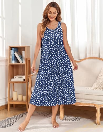 Image of IZZY + TOBY 100% Cotton Nightgowns for Women Soft Ladies Gowns Sleepwear Long Sleeveless Nightgown