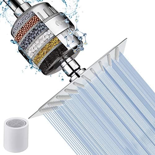 NearMoon Square Shower Head and 15 Stage Shower Filter Combo, High Pressure Filtered Showerhead for Hard Water, Improves the Condition of Your Skin, Hair - 1 Replace Filter Cartridge (Chrome Finish)