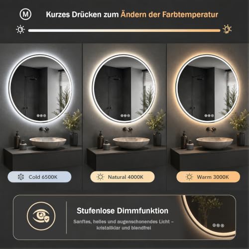 XRAMFY Badspiegel mit Beleuchtung 60cm*60cm, Antibeschlag, Rund Badezimmerspiegel mit Beleuchtung LED, 3 Lichtfarben, Dimmbar – Ansicht 4