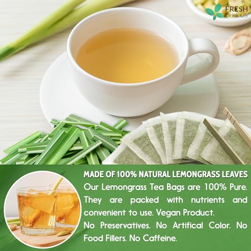Image of FRESHDRINKUS Lemongrass Leaf Tea Bags, 30 Count, 100% Natural & Pure, No Sugar, No Caffeine, No Gluten, Vegan, Herbal Tea