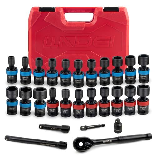 Image of LLNDEI 27Pcs 3 /8 inch Drive Swivel Impact Socket Set, CR-MO Swivel Socket Set Metric(8-22mm)& SAE(5 /16-3 /4),6 Point Wobble Socket Set with Ratchet Wrench, Extension Bar and Adapters.
