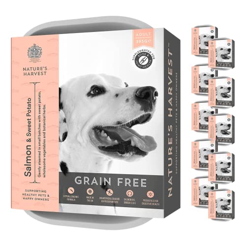 Natures Harvest Complete Hypoallergenic Dog Food â Lachs- und Süßkartoffel-Freefoods©©für wählerische Esser und Hunde mit empfindlichen Mägen | 10x395g | Allergiefreies Hundefutter