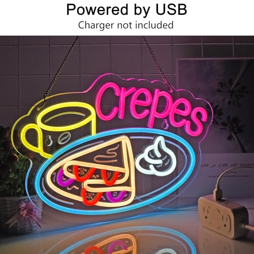 Image of Crepes Neon Sign, Neon Lights Hanging Wall Art Decoration for Business Restaurant Shop Store House Bar Cafe Party Home Decor, USB Powered Ultra Bright Dimmable,16.14x10.63inches